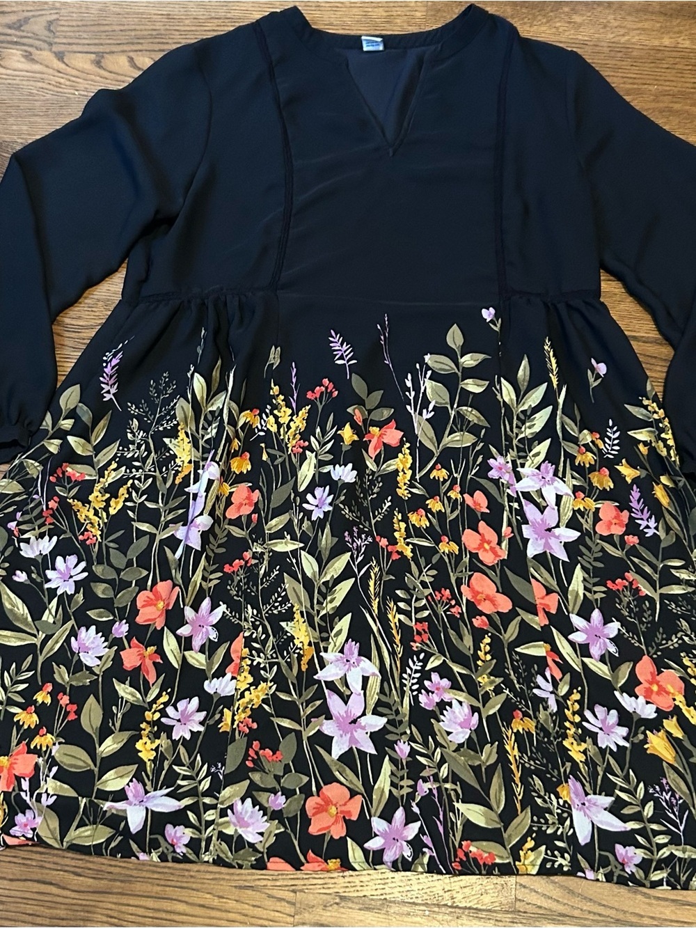 Sheer Black Floral Long Sleeve Swing Dress with Multicolor Blooms to be layered - Picture 2 of 8